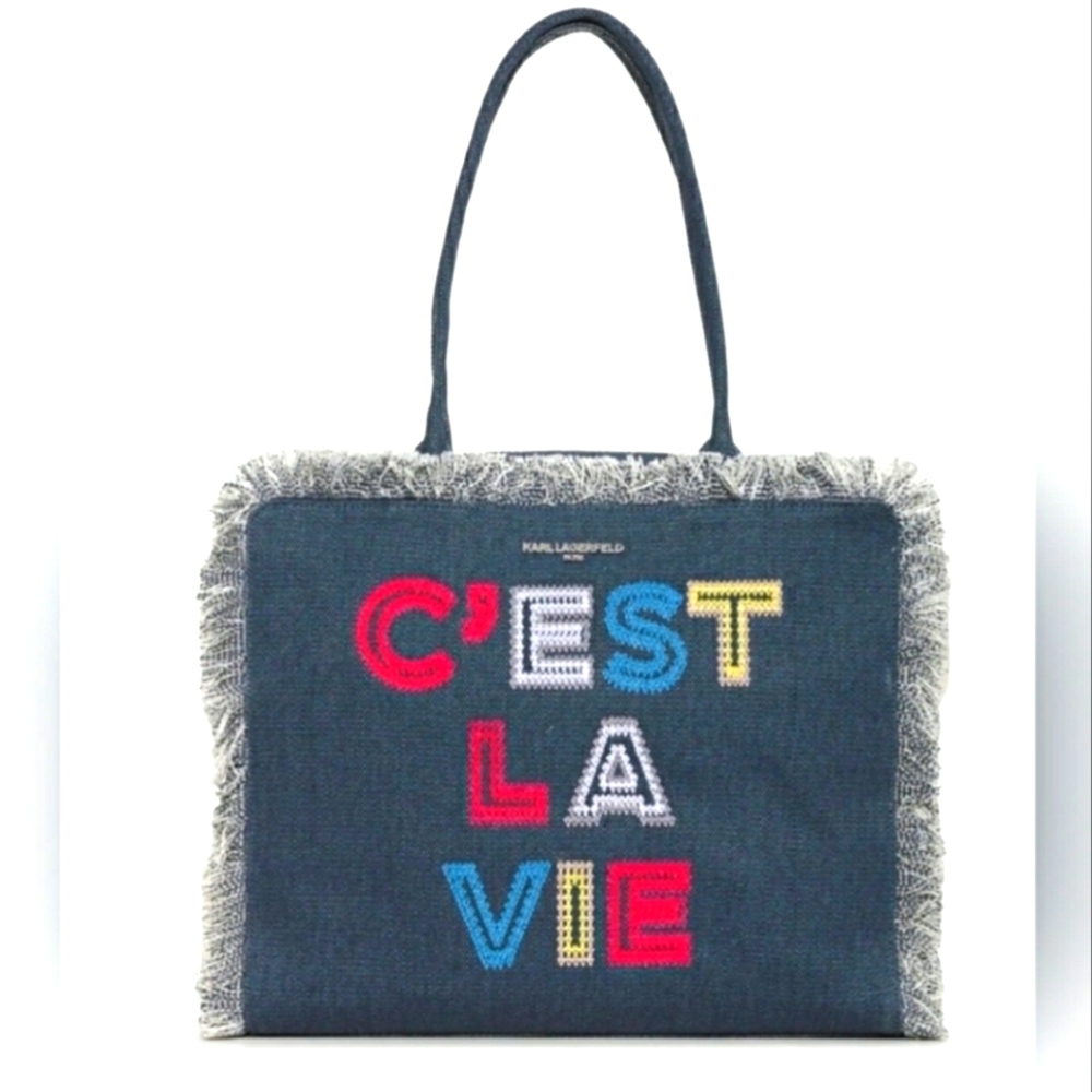 Karl Lagerfeld Blue and Red Tote Bag with Whimiscal Design